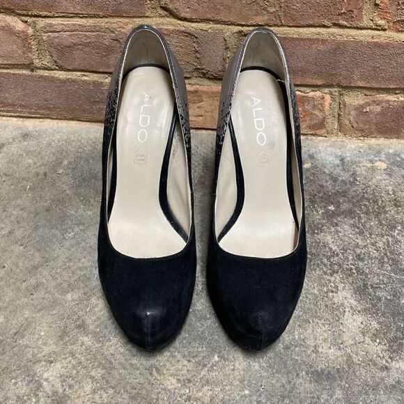 Aldo Black Leather Suede & Silver Platform Stiletto Size 8 - Picture 3 of 12